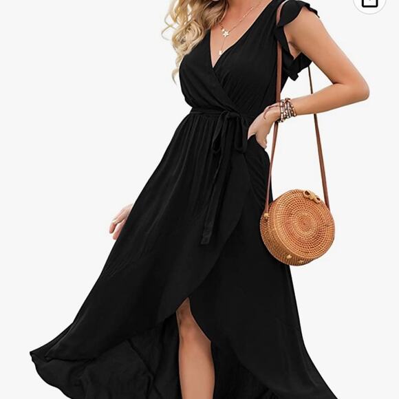GRECERELLE Black Fluffy‎ Sleeve Cross V Neck Flowy Maxi Dress Light Size Large - Picture 1 of 16